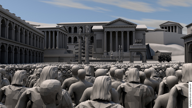 Virtual reconstruction of a general assembly at the ancient Forum Romanum in Rome, view of the speaker at the rostra Augusti | © digitales forum romanum | 3D-model: S. Muth, A. Müller, J. Bartz, D. Mariakschk