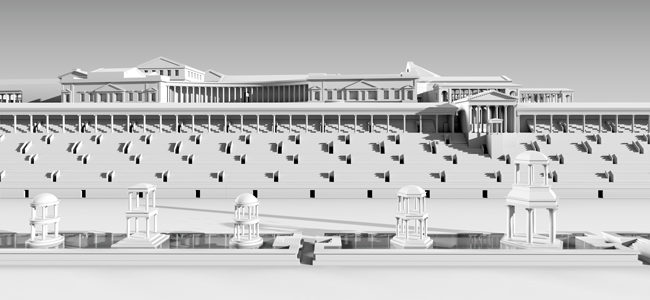 Virtual reconstruction of the facade of the trajanic palace on the Palatine in Rome towards the Circus Maximus | © Architekturreferat DAI Berlin | 3D-model: Lengyel Toulouse Architekten on basis of a digital model of A. Müller