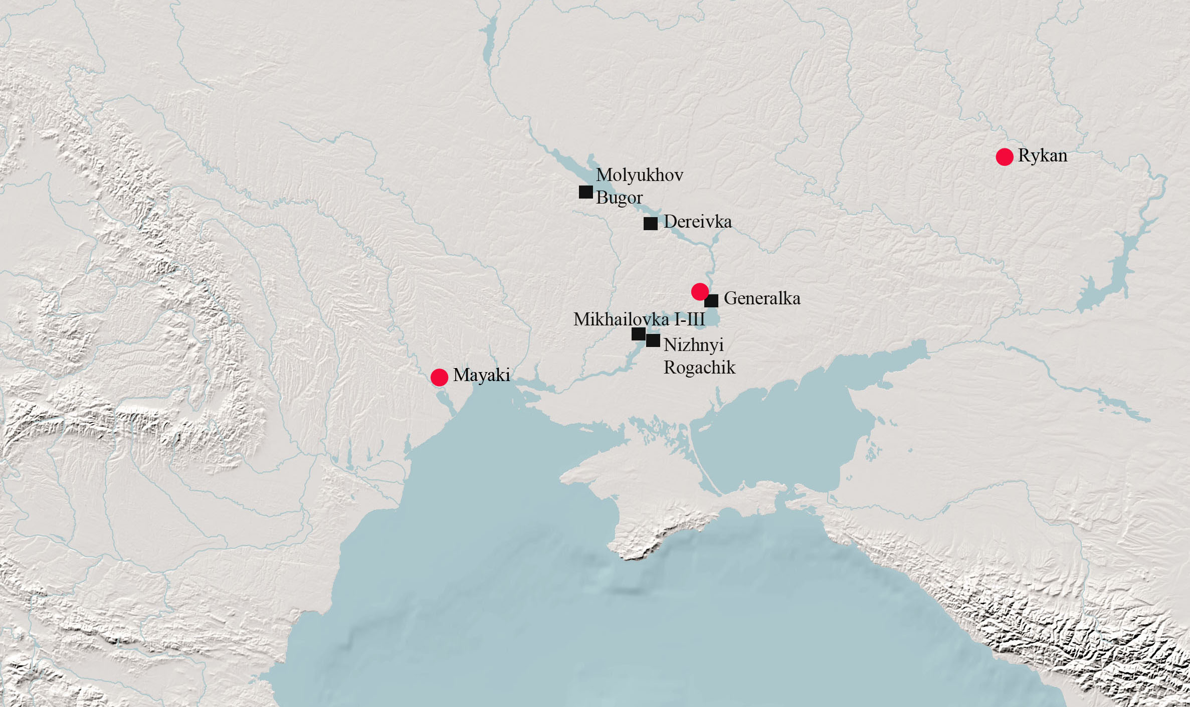 Settlements north of the Black Sea from which samples for organic residue analyses (black squares) and isotope analyses (red circles) were taken | Map © Doris Bordon
