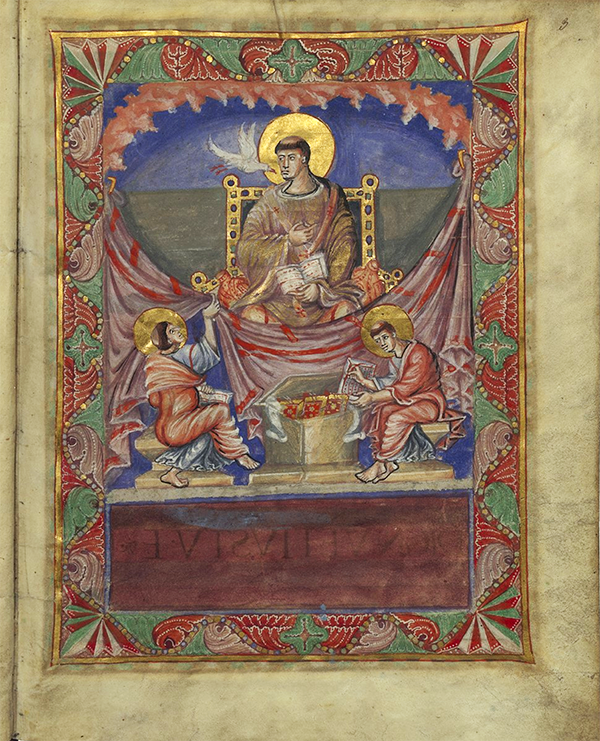  Illuminated manuscript. Pope Gregory I (Folio 3 recto) shown on the Sacramentary of Charlemagne, Public Domain