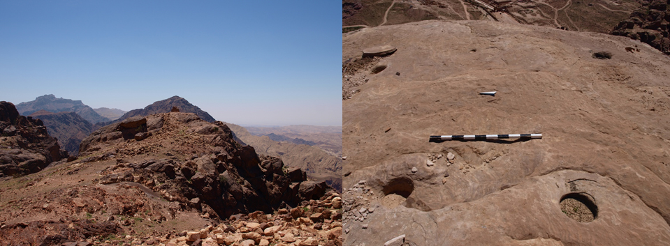 Left: A small hilltop sanctuary at Ras Slaysil, prominently displayed at the edge of a steep cliff before the dramatic drop towards the Wadi ‘Arabah. Right: Presumed post-holes for tent-like installations on top of Jabal Umm Zeythuna in Petra | Author: W. M. Kennedy