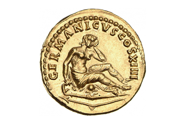 Reverse of an aureus of Domitianus (88 AD). Mourning Germania seated on her shield. In front of her lies her broken spear | Source: Münzkabinett SMB
