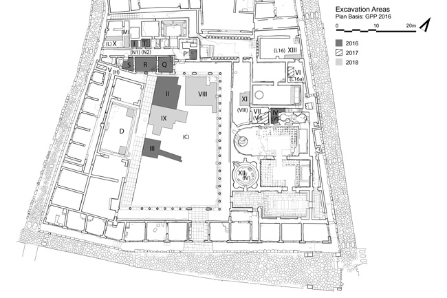 Stabian Baths of Pompeii, Plan with trenches excavated 2016-2018, © Clemens Brünenberg